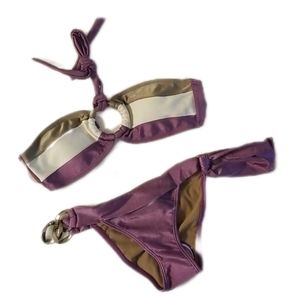 Cia Maritima Bandeau Ring Metallic Striped Gold Purple Bikini Set Small